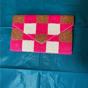 Beaded Checkered Envelope Clutch - Pink, White & Brown